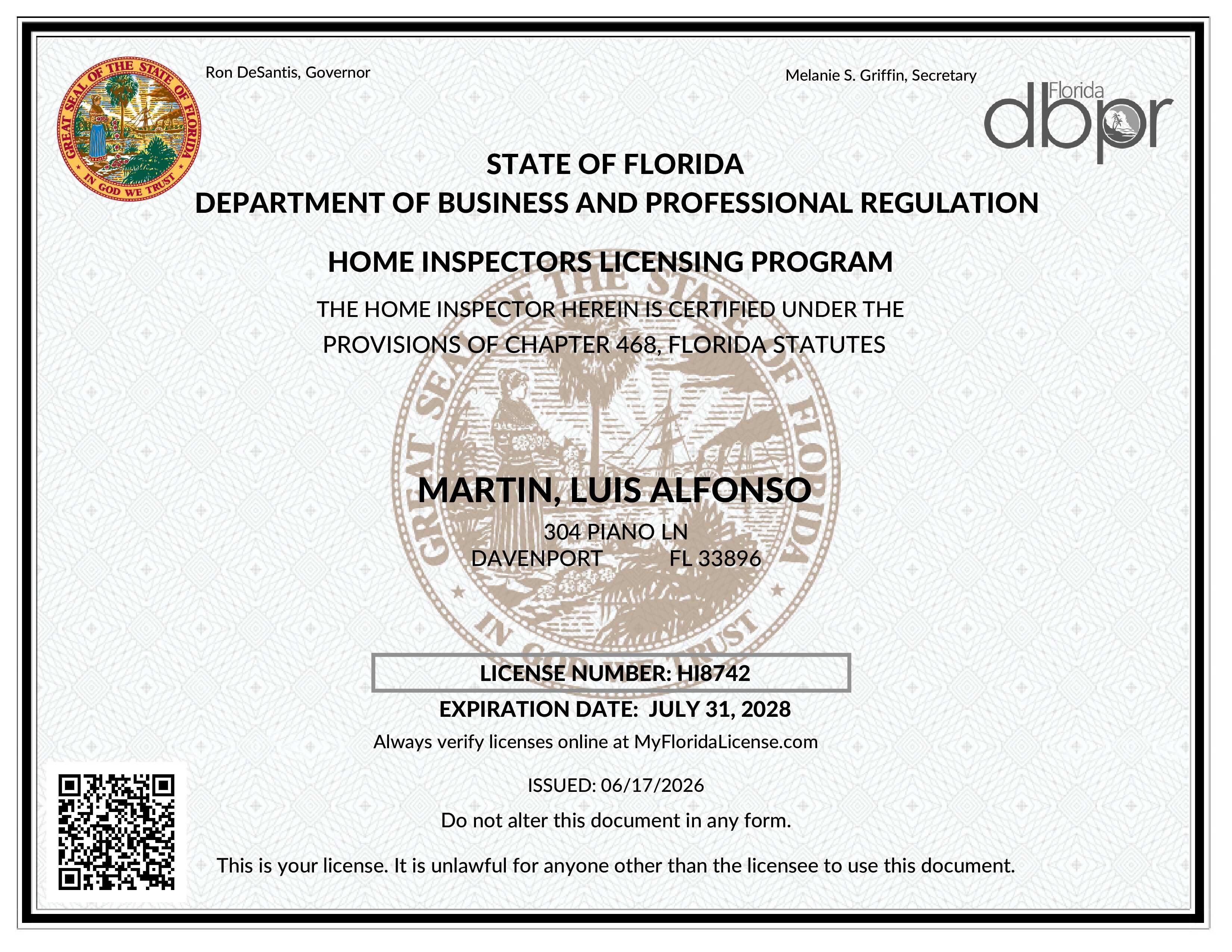 Florida Home Inspector License