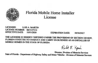Florida Mobile Home Installer License IH/1127212 Luis A Martin