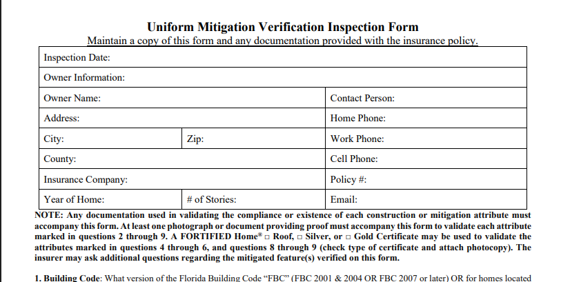 Florida Uniform Mitigation Verification Inspection Form OIR-B1-1802
